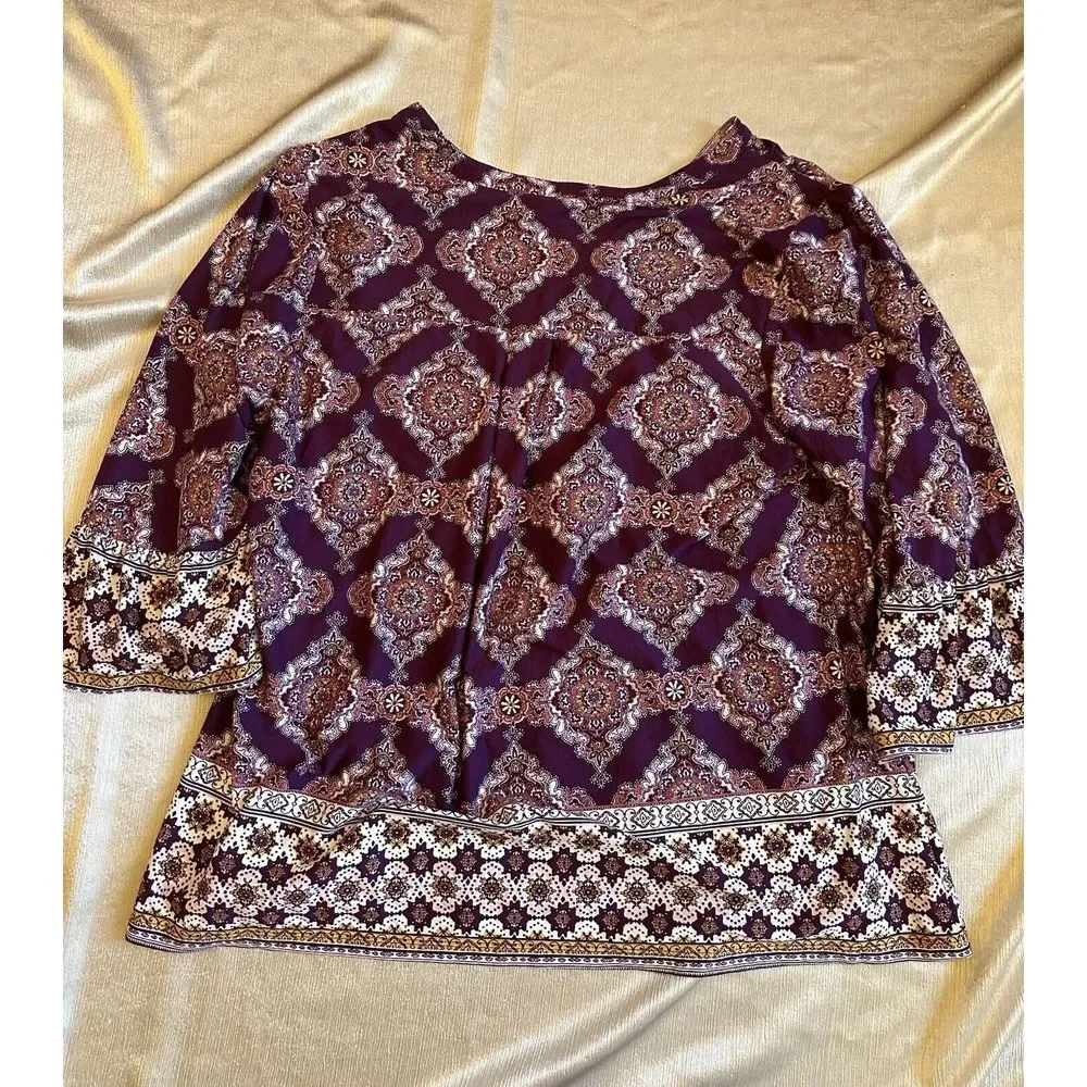 Roz & Ali 2X Plus V-neck Zip 3/4 Bell Sleeve Purple Tunic Top Boho Flowy Stretch - Picture 2 of 8